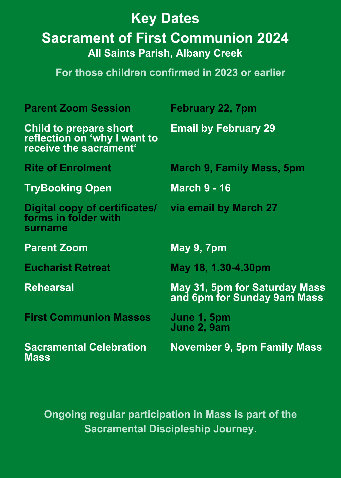 First Communion key dates 2024